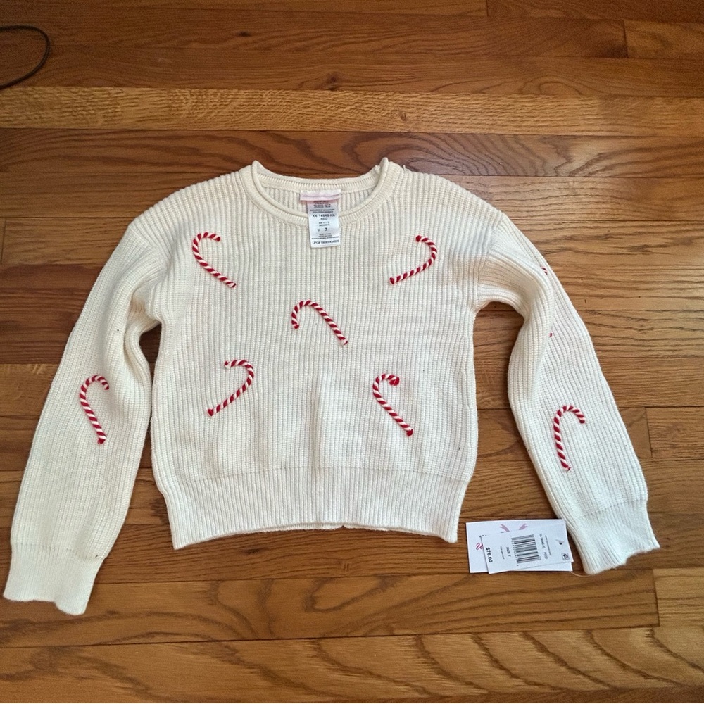 Bonnie Jean White Sweater with Candy Cane Design